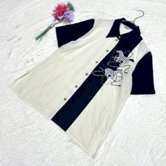 一点物 シアーシャツ バイカラー 金ボタン 刺繍 しまうま ゼブラ レトロ 紺