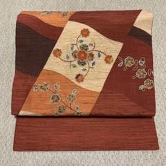 紬　名古屋帯　刺繍　アップリケ　臙脂色