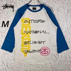 『stussy』　ラグラン　カットソー　00s ビッグロゴ　白× 青　【M】