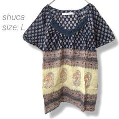 【シュカ】shuca ボヘミアン柄半袖Tシャツ 総柄 コットン L ネイビー