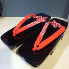 美品　下駄　着物　浴衣　女性　和服　和装　黒　23cm　鼻緒：赤