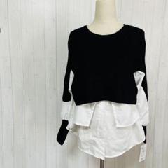 【カスミソウ】レイヤード長袖トップス　ニット　M-L　 黒・白　a348
