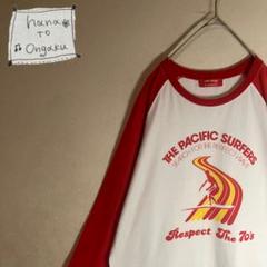 【Tシャツ】長袖　ラグラン　プリント　夏　赤　白　使用感　古着