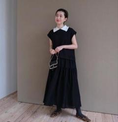極美品 アンミヌ スキッパーティアードワンピース ブラック 長袖 フリー 洗える ワンピース 長袖 ロングワンピース[品番：AKIW0004574]｜And