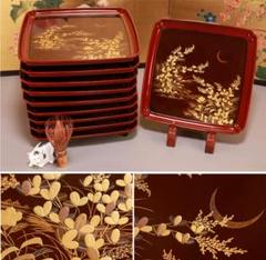 BJ062 木製漆器　萩野月蒔絵　吸物盆　吸物膳　十客　絵違い　図替わり　共箱 Amazon.co.jp: 菓匠三全