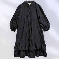 591 バンドカラーシャツワンピース L 七分 Aライン 黒 フリル ティアード