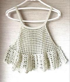 週末SALE☆手編み☆ふりふりキャミソール　ビスチェ緑白☆お揃い