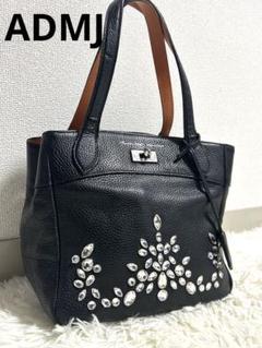 美品✨ADMJ スワロフスキー クリスタル シボ革 ロック 金具 ハンドバッグ