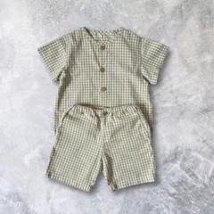 半袖シャツ ショートパンツ セットアップ ギンガムチェック ベージュ120cm