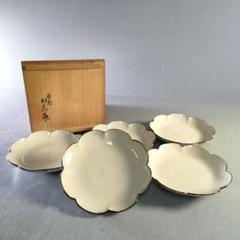 A1259-2/平安竹泉 造/花形銘々皿5客/向付/飾皿/菓子皿/盛皿/懐石道具 A1259-2/平安竹泉 造/花形銘々皿5客/向付/飾皿/菓子皿/盛皿/懐石