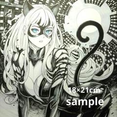 【手描きイラスト 128】ファンアート原画 中サイズ色紙「月下のキャットレディ」のサムネイル