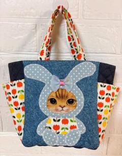 ジョーズ君　フェイスバッグ　コヤンイサムチョン　ねこ　ハンドバッグ コヤンイサムチョン☆ミニトートバッグ 英字ネイビー&デニム柄