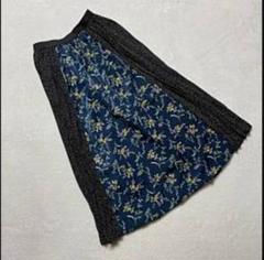VIS スカート 花柄ドット柄プリーツ切替 ロング丈 ネイビーF