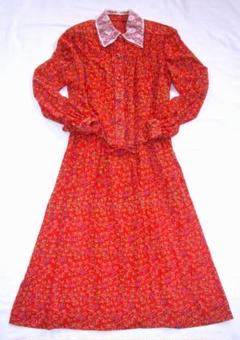 80年代風・ハンドメイド？昭和レトロ 薄手長袖花柄ツーピースワンピ9号程美品良品