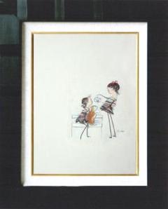 絵画 インテリア 額付(黒) 油絵 F4-030219 子猫(子犬)と女の子 絵画 インテリア 額付(黒) 油絵 F4-030219 子猫(子犬)と女の子