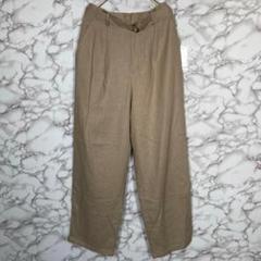 Wcloset ／麻混ベルト付タックワイドパンツ　サイドライン　ベージュ【F】