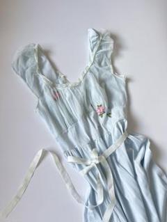 春服バレエコア水色刺繍ドレスワンピースリボン古着一点もの