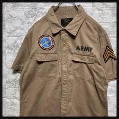 メンズデニムシャツ　ARMY ワッペン　両胸ポケット　綿　ブラウン系　袖ワッペン