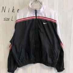 ナイキ☆スウッシュ　刺繍　ナイロンジャケット　NIKE L　ワッペン　古着　黒