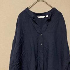 ユニクロ　七分袖リネン&レーヨンスキッパーブラウス(XL)ネイビー無地　大きめ