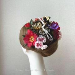 和装婚・成人式に♡ゴールドの菊と赤い椿のヘッドドレス 　ゴールド　髪飾り　着物