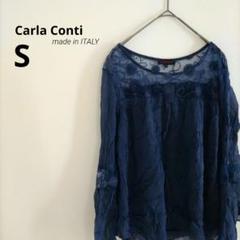 古着 carlaconti シフォン 刺繍 長袖 ブラウス ネイビー さらさら