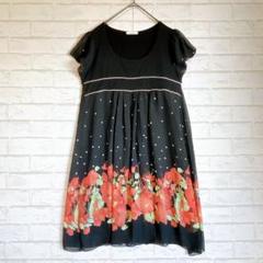 【華やか】黒×レッド花柄ワンピース 半袖ドット柄シフォン 発表会/パーティー◎