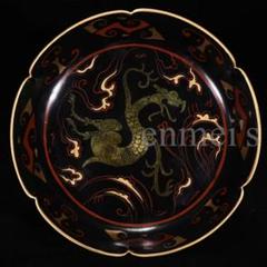 中国古美術・宋汝窯風・鎏金龍文葵口皿・中皿・純手描き・置物・陶器・茶道具・文房具 中国古美術・宋汝窯風・鎏金龍文葵口皿・中皿・純手描き・置物