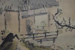 真作/里見雲嶺/山水梅花図/民家図/絹表装/布袋屋掛軸HI-955 真作/里見雲嶺/山水梅花図/民家図/絹表装/布袋屋掛軸HI-955