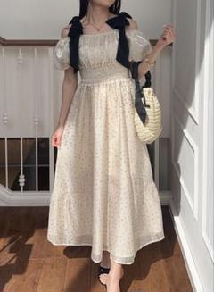 リボンストラップドット柄フレアワンピース GRL