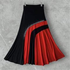 ロングフレアスカート ブラック レッド ビジュー付き ダンス衣装 ストレッチ