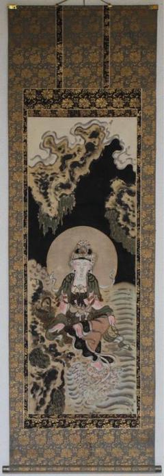 掛軸 流浪の画家 須佐天斎『人物図 唐子』絹本 無地箱付 掛け軸