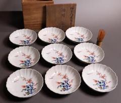 蕎麦猪口　向付　5客　古伊万里　変わり形　赤玉　花束　唐草　色絵付　金彩　ニュウ 蕎麦猪口 向付 5客 古伊万里 変わり形 赤玉 花束 唐草 色絵付