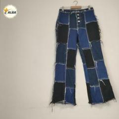 【美品】ジーンズ　デニムパンツ　パッチワーク　フリンジ加工　インディゴ　ブラック