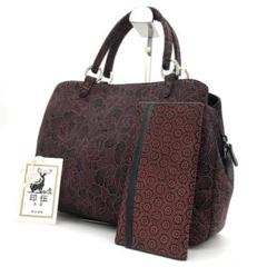 【極美品】印傳屋　印伝加工　ハンドバッグ　2点セット　花　鹿革　本漆　自立　総柄