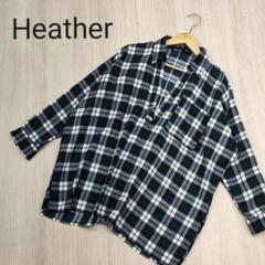 Heather ヘザー スキッパー シャツ オーバーサイズ チェック 柄 紺 白