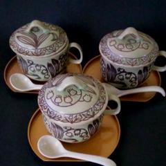 未使用 レトロ*浜九郎窯 茶碗蒸し器 3客