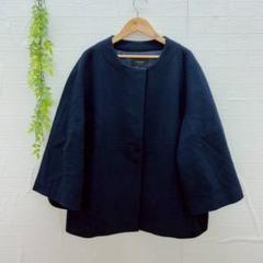 【ピサーノ】 ノーカラーコート ショートコート (L) ネイビー 上司ウール