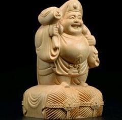 『大黒天高級木彫り東洋風水細密彫刻木造インテリア 置物仕事・職場 総高16cm