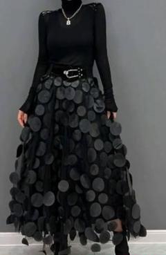 ブラック ドット立体 チュールフレアスカート海外製S美品ペチコート付のサムネイル