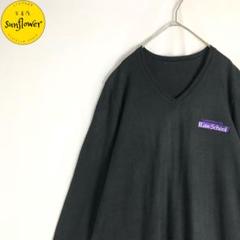 【ニット　セーター　Ｖネック　刺繍　ワンポイント　黒　紫　古着】