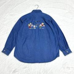 ピーナッツ スヌーピー デニムシャツ 背面刺繍 ダブルポケット ゆるだぼ ブルー