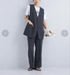 【美品】グリーンレーベルリラクシング ノーカラースーツ セットアップ 麻混 40 極美品 グリーンレーベルリラクシング リネン混 ノーカラー