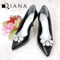 【極美品】DIANA レースパンプス 24cm 黒色 ロゴ エナメル 近年モデル ❣️DIANAブラックエナメルハイヒール・パンプス 24✨️極美品