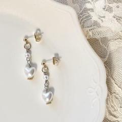 ハートパールピアス　金属アレルギー対応　ニッケルフリー　ホワイト　ハンドメイド