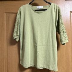 レディース グリーン 半袖 Tシャツ 花柄 袖 レース切り替え Tシャツ