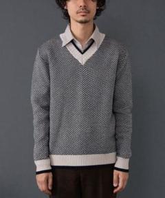 MORGANO ヘリンボーン Vネックニット　24AW ネイビー　BEAMS Fのサムネイル