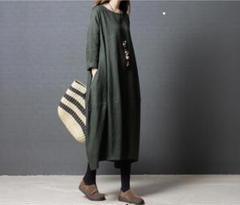 夏　XL 体型カバー　マキシバルーンワンピース　 モスグリン