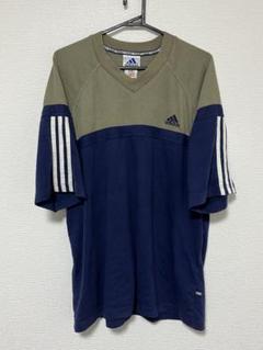 adidas 90s tシャツ 万国旗タグ カーキー×ネイビー 切り替えデザイン