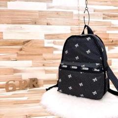 LeSportsac●レスポートサック●水玉 ドット総柄 リボン リュック黒白● 美品【レスポートサック】水玉 ドット総柄 リボン リュック